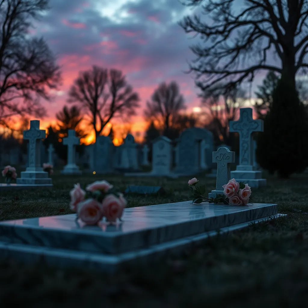Monuments et stèles funéraires dans un cimetière au coucher du soleil