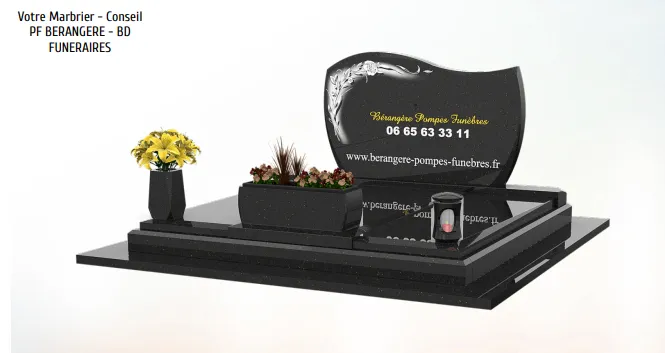Monument funéraire double en granit noir avec stèle et jardinière